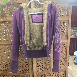 Christian Audigier Tan and Purple Faux Fur Jacket